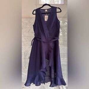 Chic Asymmetrical 100% Linen Navy wrap Dress